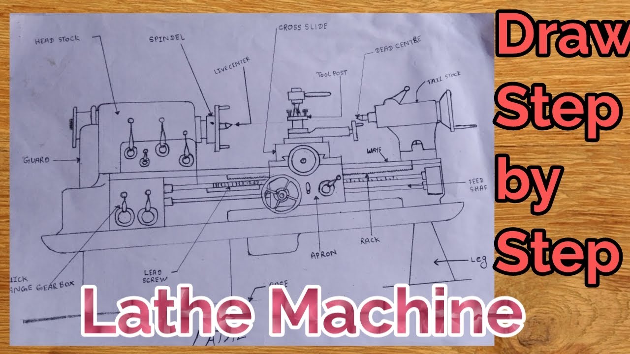 Lathe Machine Drawing | Lathe Machine Step by Step Drawing | How to draw Lathe Machine..