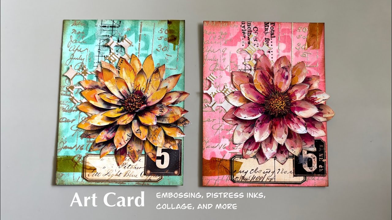 Mixed media art cards using embossing, distress inks, and collage.