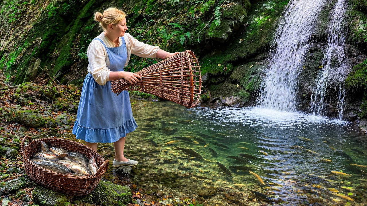 This Girl Lives in a Remote Mountain Village: Primitive Fishing & Fireside Cooking