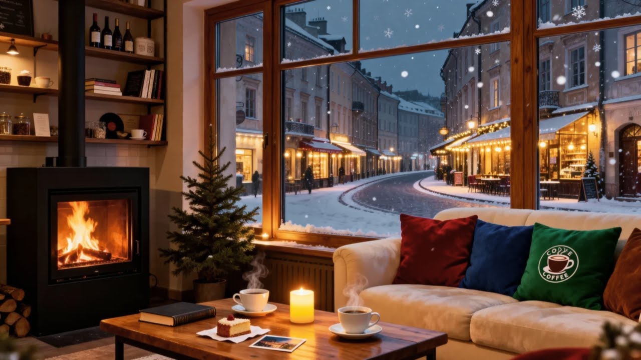 Winter Ambience ❄️ at Cozy Coffee Shop with Smooth Jazz & Fireplace Sounds for Study, Work, Relax