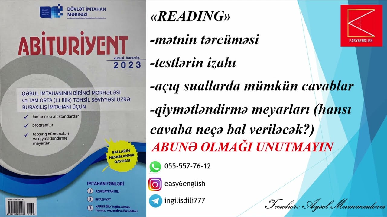 Abituriyent jurnalı 2023 11-ci sinif | İngilis dili | Reading tests