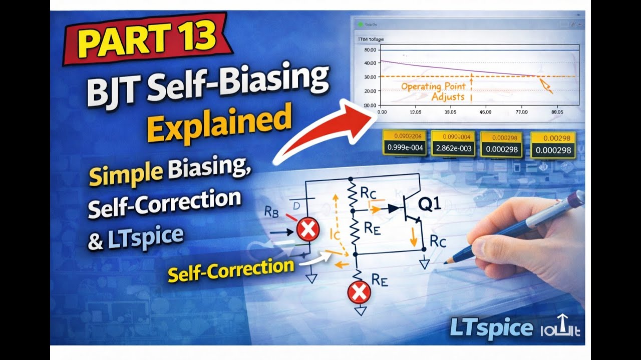 Part 13 – BJT Self-Biasing Explained | Simple Biasing, Self-Correction & LTspice Tutorial