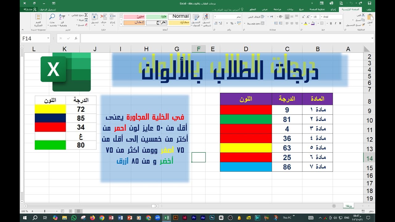 درجات الطلاب بالالوان التقييمات اللونية لدرجات الطلاب تقييم لوني لمعدل الطالب في الخلية المجاورة