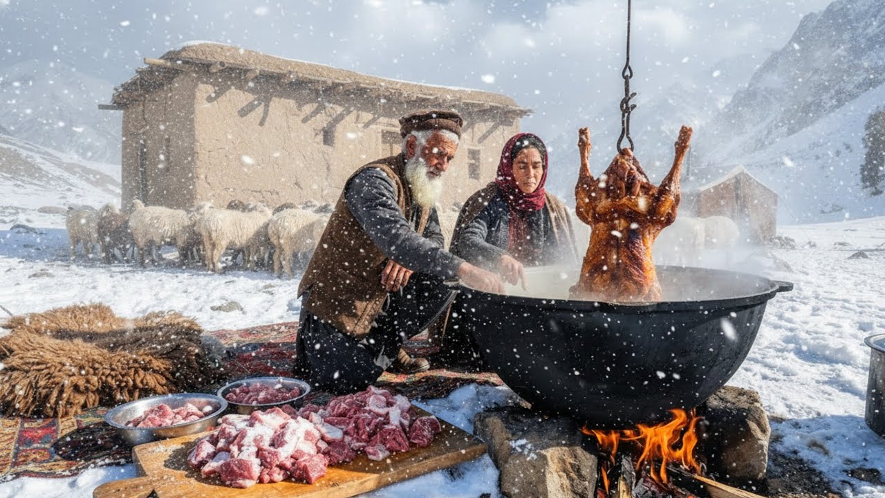 Nomadic Shepherd Couple In Afghanistan: Cooking Whole Sheep In Giant Traditional Kazan