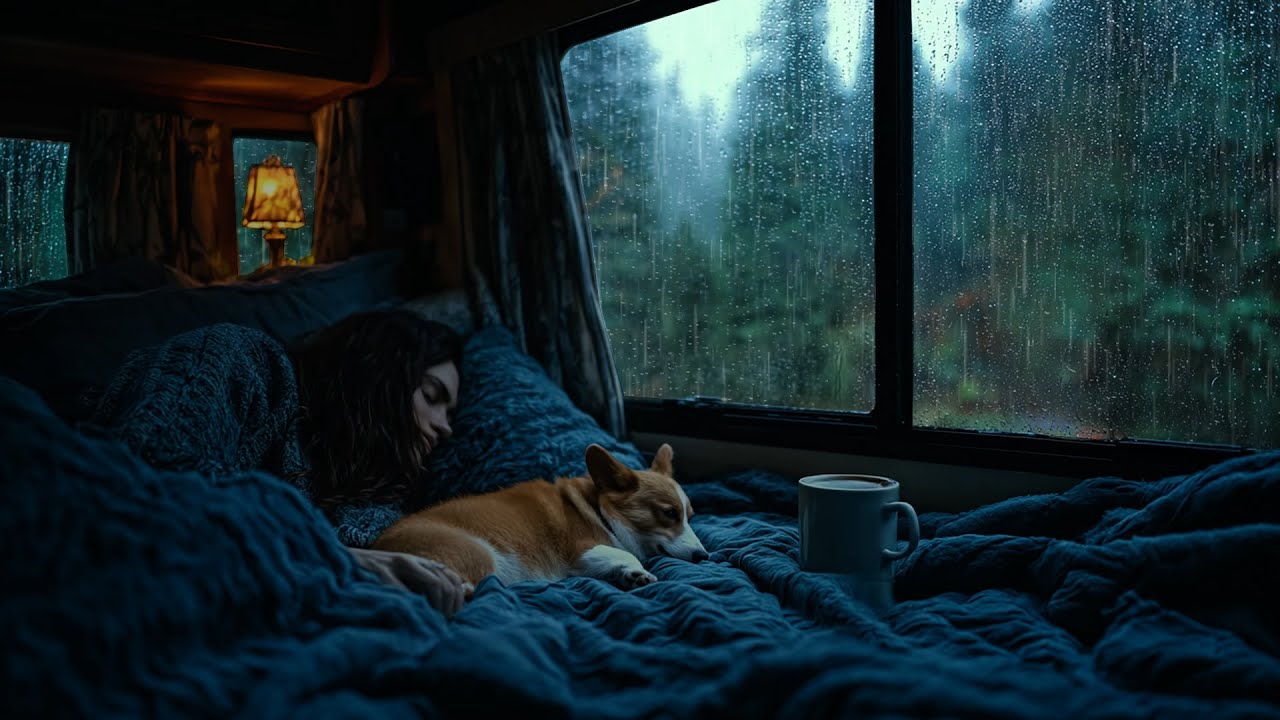 Heavy Rain Sounds on Camper Roof: Cozy Van Life Ambience with Corgi Dog, No Music, Deep Sleep