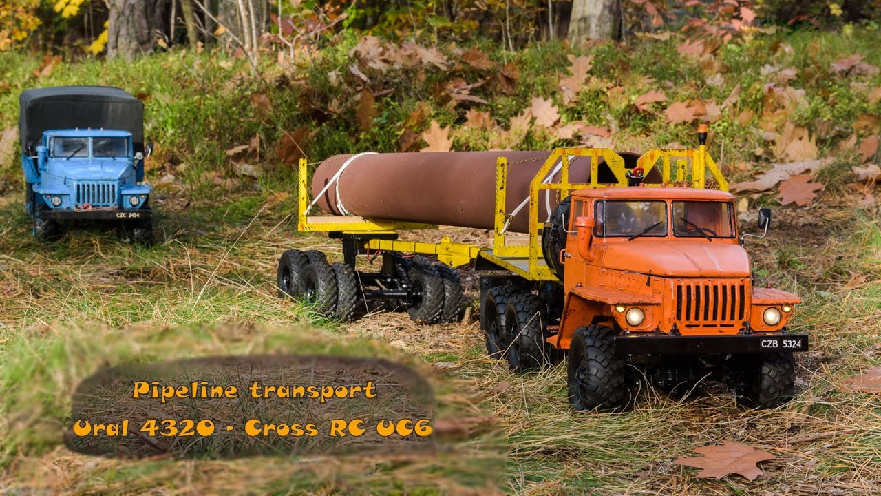 Cross RC UC6 + T835  - Урал-4320  - Transport of pipeline in forest terrain part 1/4