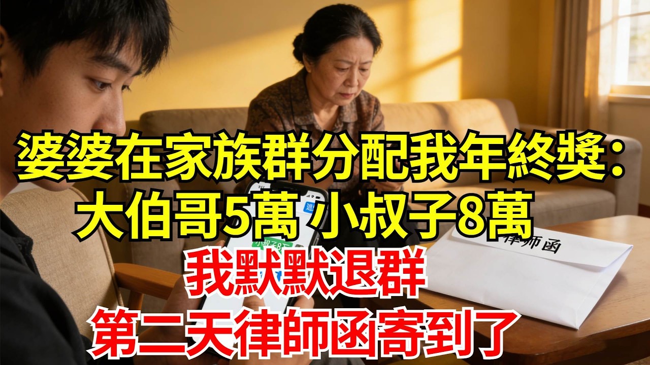 婆婆在家族群里分配我的年終獎：大伯哥5萬，小叔子8萬，我默默退群，第二天律師函寄到了#婚姻#爽文#情感故事#女性逆襲#深夜故事