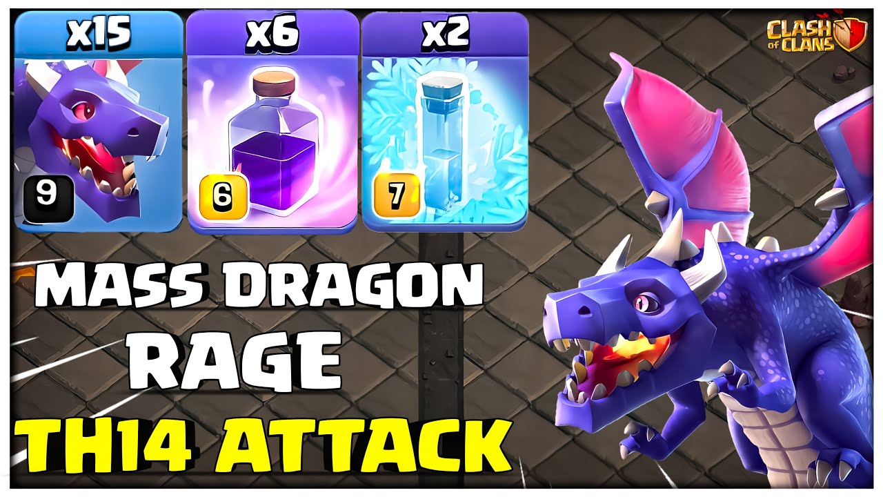 Th14 Dragon Attack | 15 Mass Dragons + 6 Rage Spell Best Th14 Attack Strategy in Clash of Clans