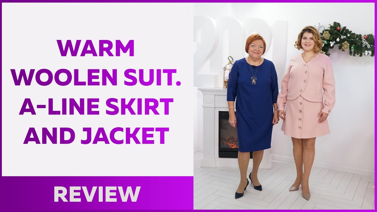 Warm woolen suit. A-line skirt and jacket with raglan sleeve. The review of the finished garment.