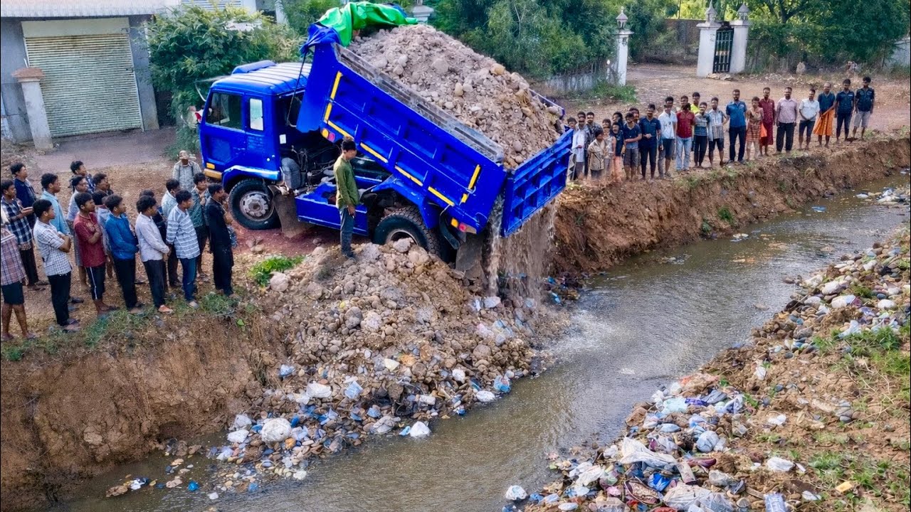 First Start Amazing Project!! Landfill Delete Pond Flood By Skills Dozer Pushing Stone Into Water