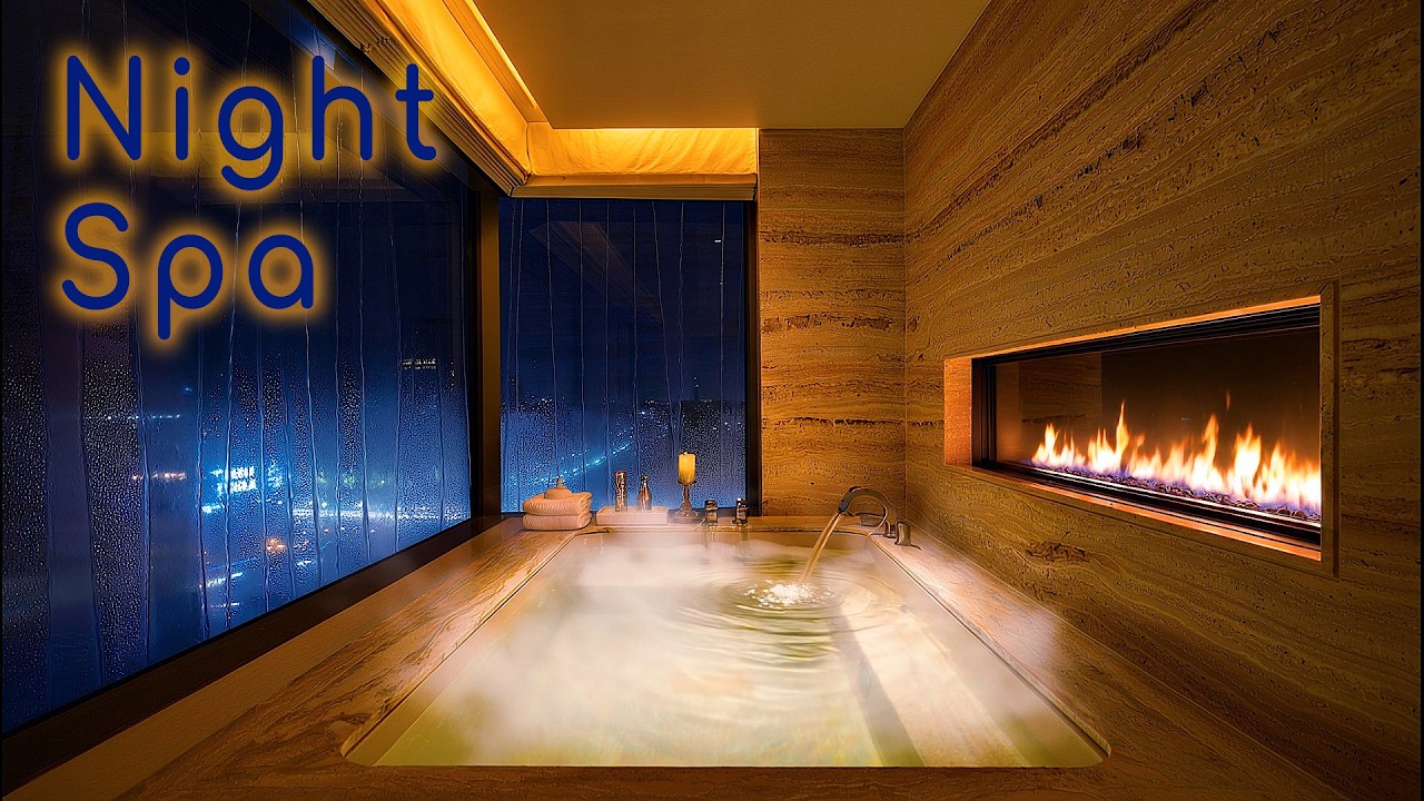 2H Luxury Hotel Spa Night 🌧️ Relaxing Rain Sounds & Modern Fireplace 🔥 Sleep Ambience