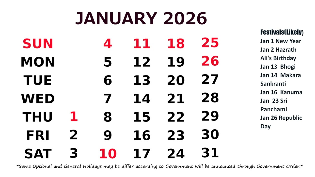 Январский календарь 2026