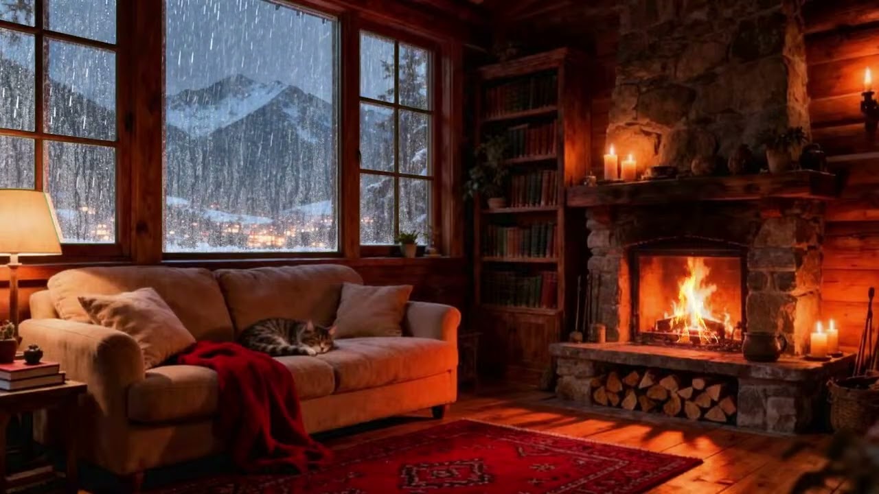 Cozy Cabin Ambience - Rainy Fireplace Cabin Sounds for Sleep