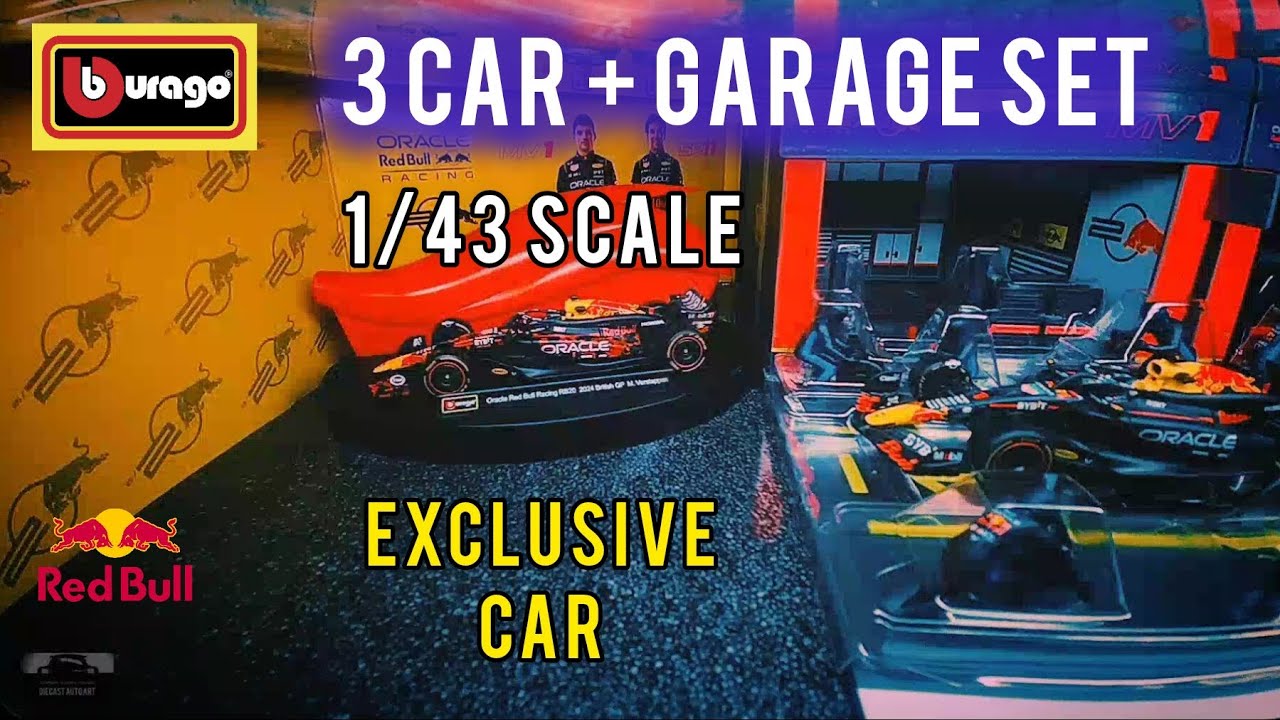 RedBull racing - Burago F1 - 3 Car Set & Garage Display 1/43 Scale. @midnightdiecastproject