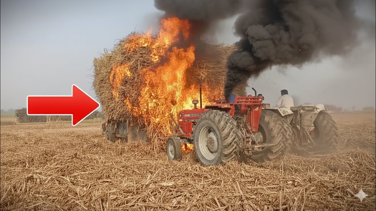 385 tractor somke salusir fire on full sagur loaded track big loss 😱 on kisan 🤯🥹🥹🥹😱🤯😱