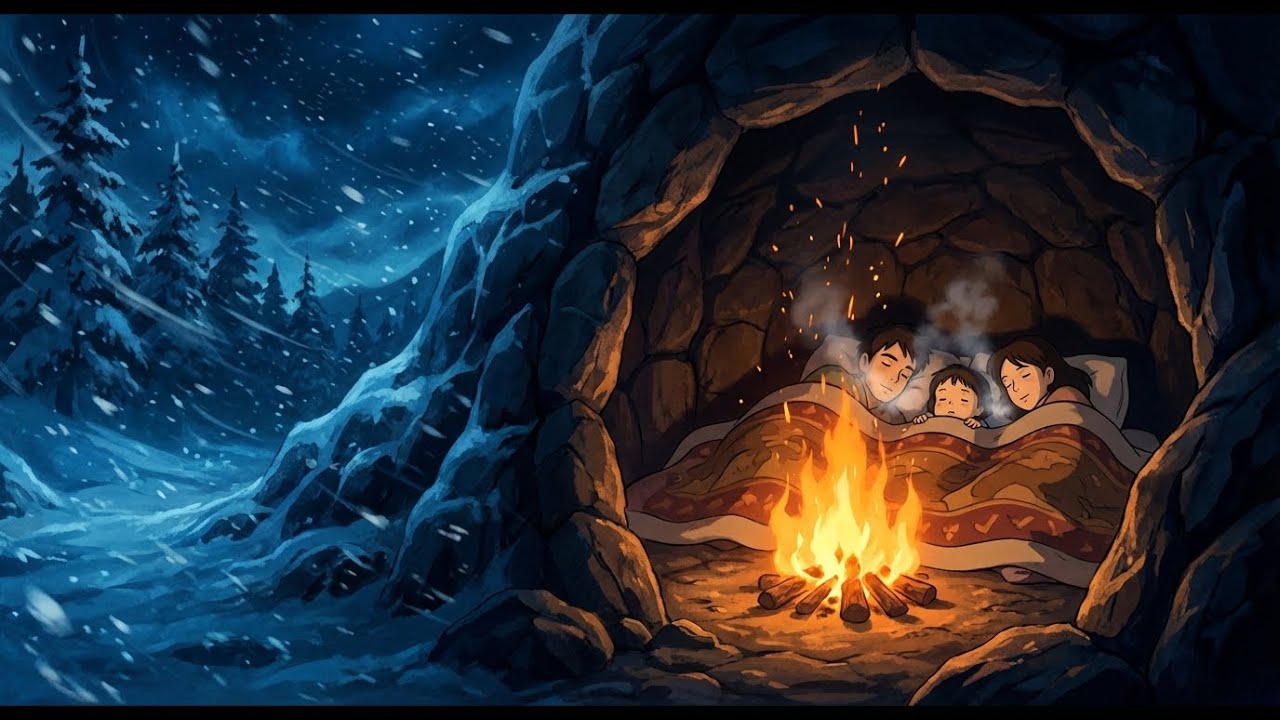Snowy Night Inside a Cozy Cave ❄️ | Warm Family Shelter, Fire & ASMR Cooking