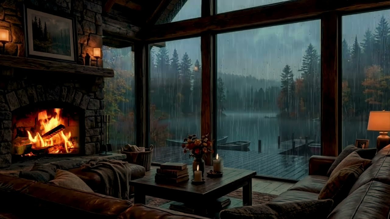 1 Saat Cozy Şömine Fırtına & Yağmur Sesleri | Derin Uyku Rahatlama Heavy Rain Thunderstorm Crackling