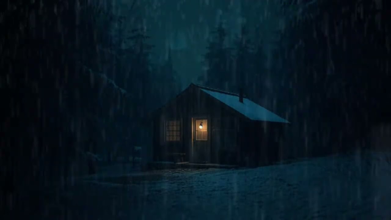 Remote Cabin in Heavy Winter Rain (No Ads) | Dark Room Ambience