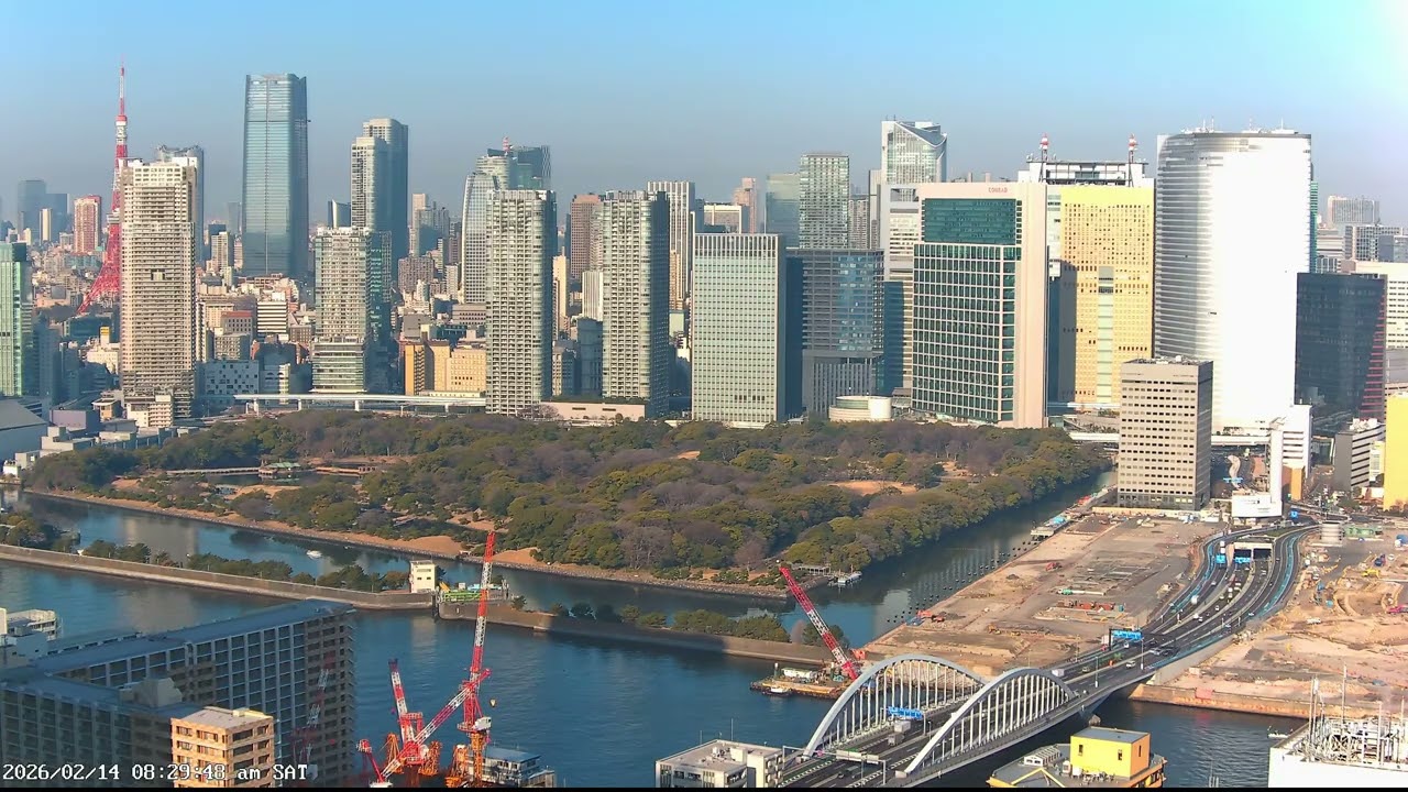 東京ライブカメラ 4K | 港区・築地 | 夕焼けと都心の景色 | 2026-02-14
