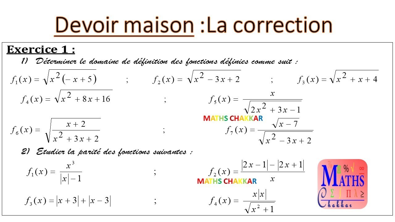 Devoir maison maths, correction exercice 1: les fonctions: domaine de définition et parité