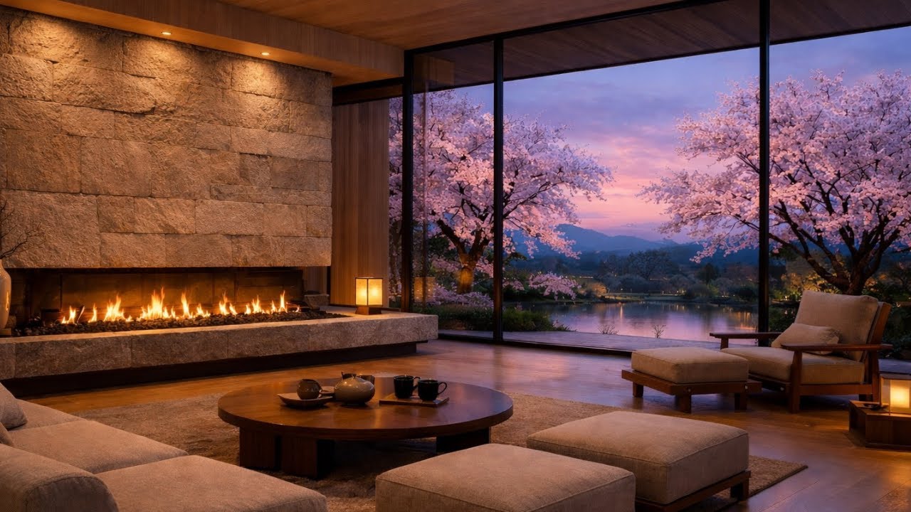 Fireplace Ambience — Japanese Sakura Fireplace at Dusk | 2H 2K