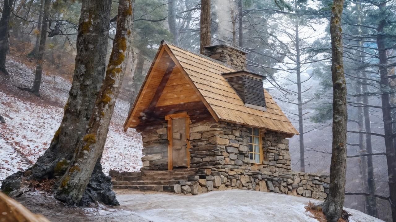Building a Secret Stone Cabin Deep in the Winter Woods!