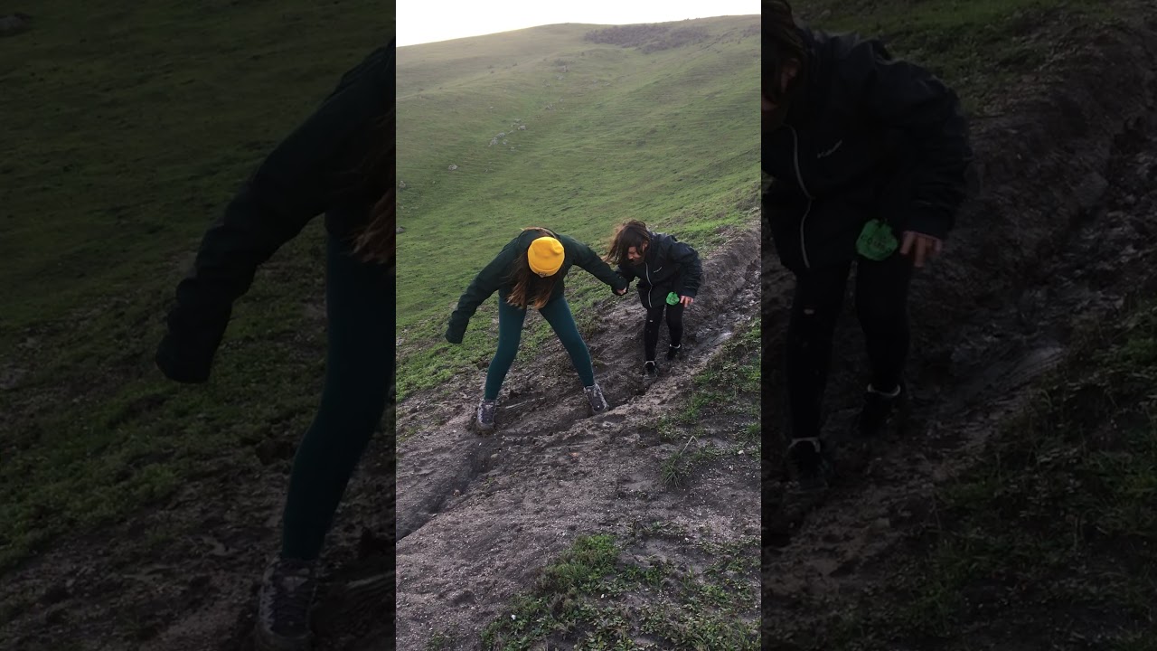 Muddy hike - girls slip slip slipping