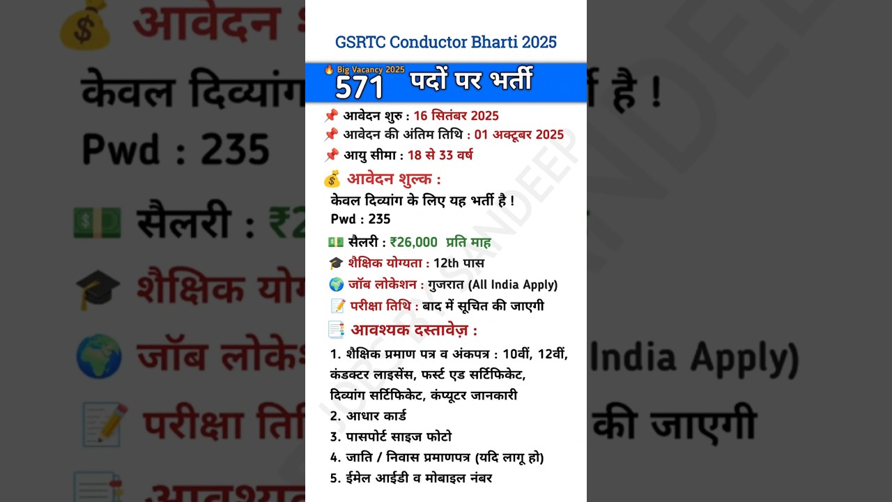 GSRTC Conductor Bharti 2025 | PWD Special Recruitment | Gujarat OJAS Apply Online | Age, Salary