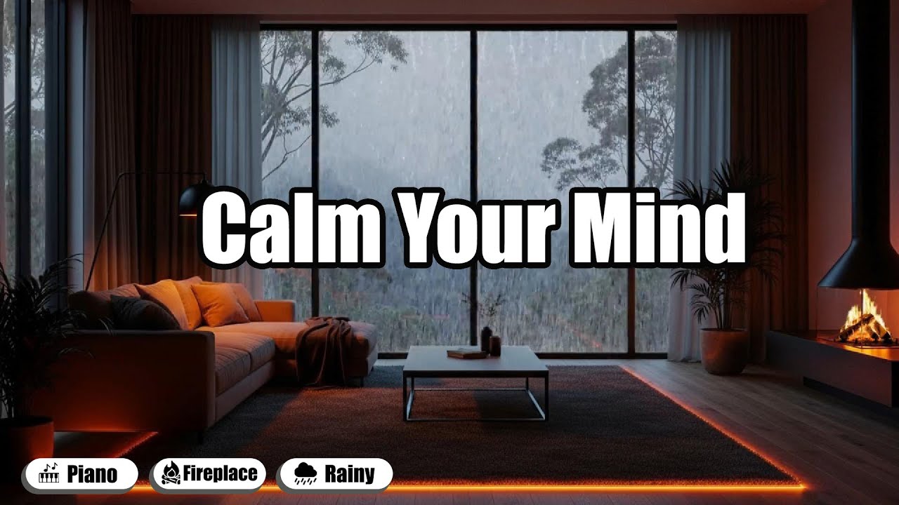 Rain Sounds for Sleeping and Stress Relief with Soft Piano and Fireplace Night