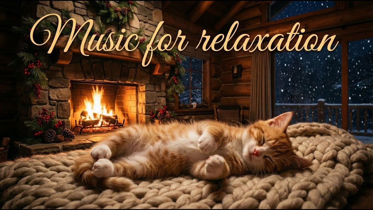 Ginger Cat Sleeping by Cozy Christmas Fireplace | 1 Hour of Calming Music for Stress Relief