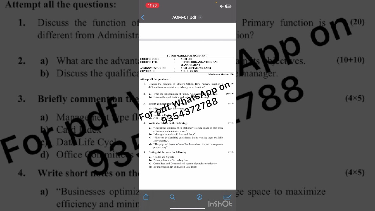 AOM 1 ENGLISH MEDIUM SOLVED ASSIGNMENT 2023-24 FOR PDF WHATSAPP ON 9354372788