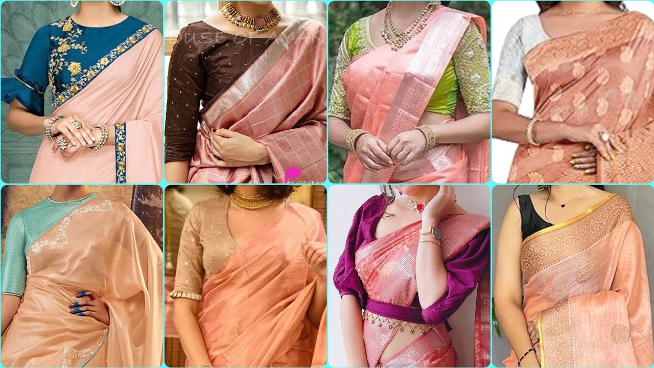 New Peach Color Saree and Contrast Blouse designs &hearts;️😍