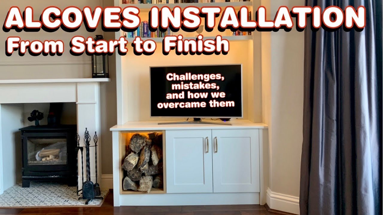 Alcoves Installation from start to finish with lighting and oak log storage features.