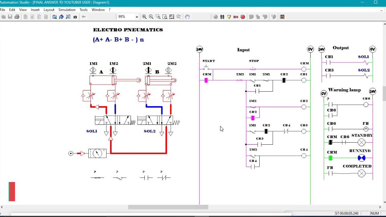 Automation Studio: [( A+ A- B+ B-) 5 ] Electro pneumatics with proximity sensors| no timers.