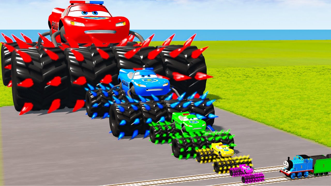 Big & Small Colors Lightning Mcqueen Monster Truck vs Thomas Trains | BeamNG.Drive