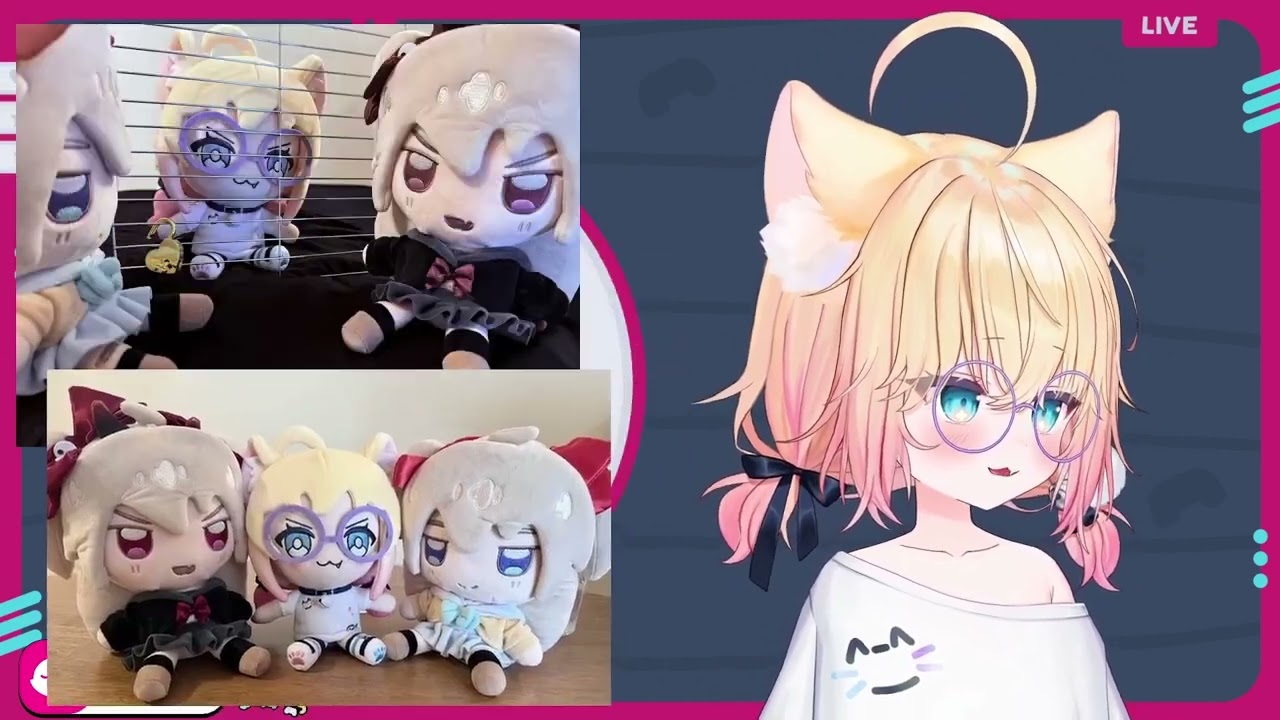 Miniko shows pictures of Neuro-Sama and Evil Neuro plushies with her plush