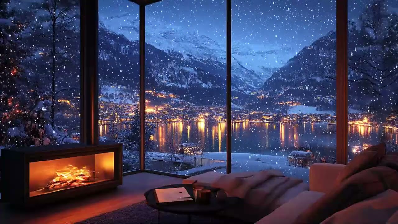 Peaceful Snowy Night at a Mountain Lake ❄️ Falling Snow Ambience & Cozy Fireplace