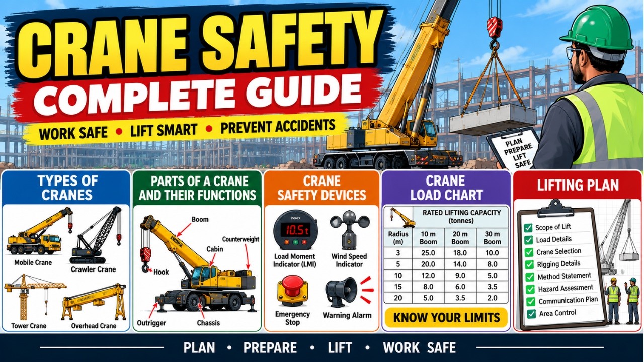 Crane Safety Complete Guide | Types of Cranes, Parts, Safety Devices, Load Chart & Lifting Plan