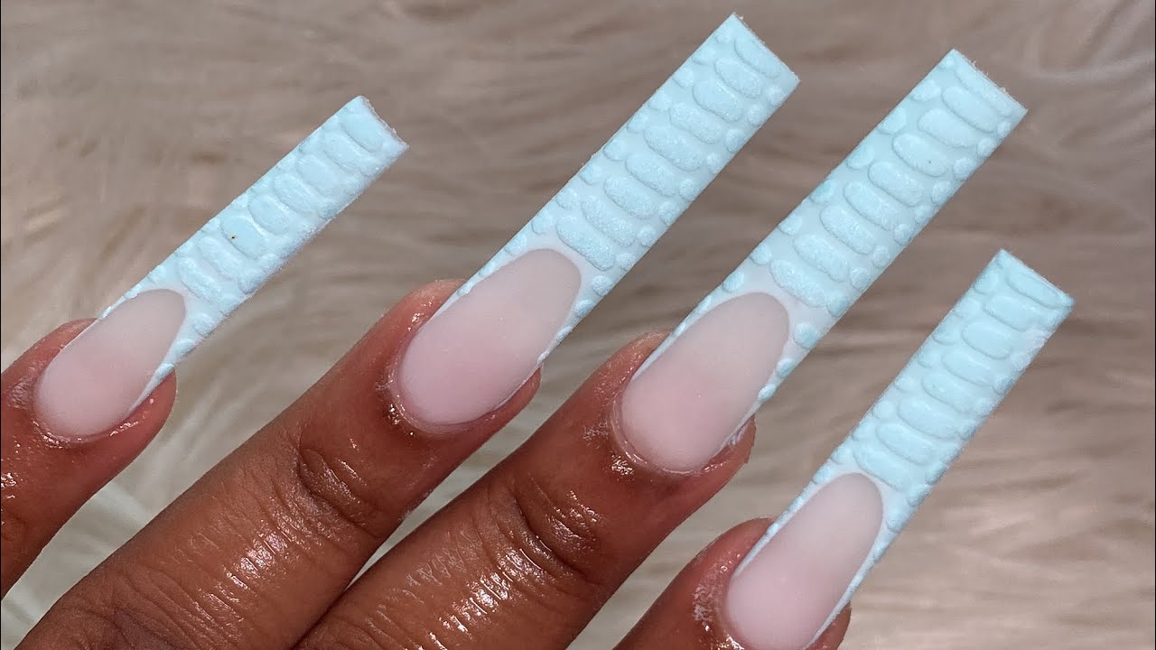 XXL Pastel Blue Crocodile French Nails 💎🐊✨ | French Nails | Crocodile Print Nails | Acrylic Nails