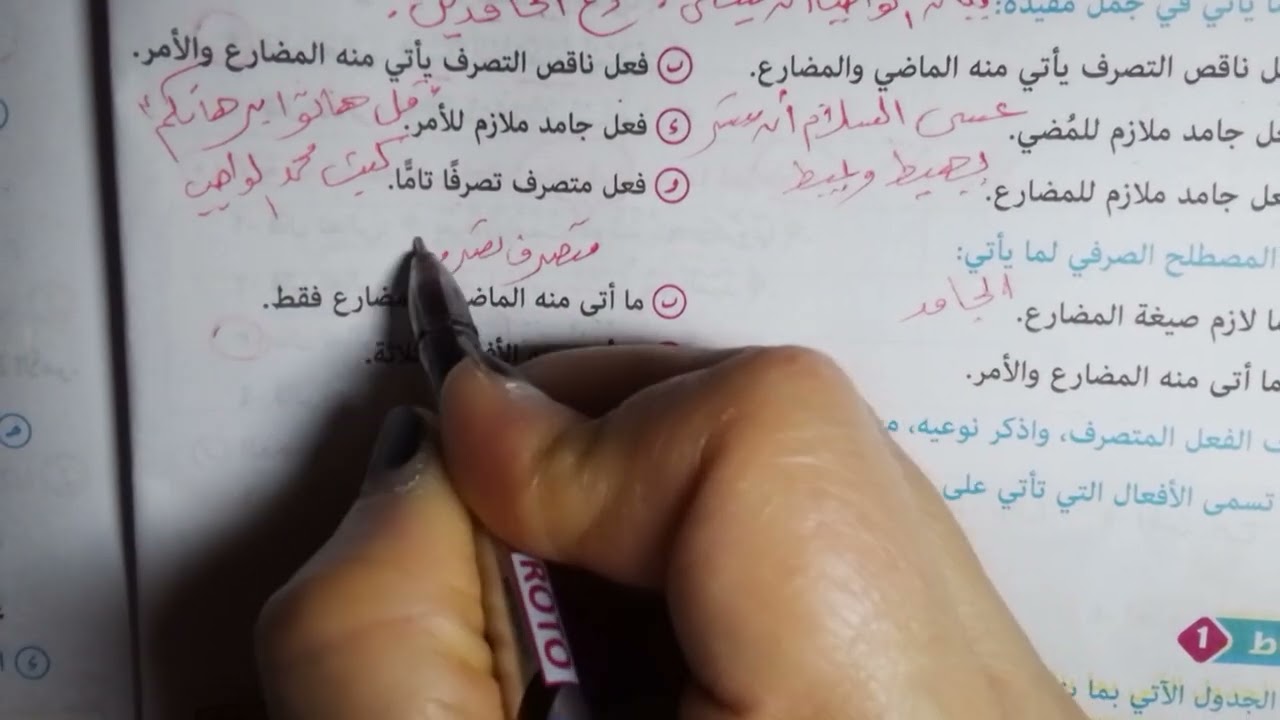 حل أسئلة الكتاب والمرشد على درس الفعل المتصرف والجامد للصف الأول الثانوي ترم ثاني 
