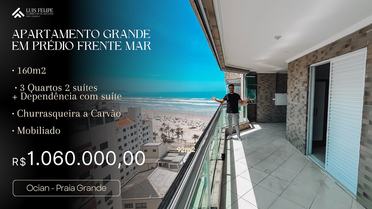 Apartamento GRANDE a venda em Praia Grande SP - prédio frente mar - bairro Ocian - 3 dormitórios 