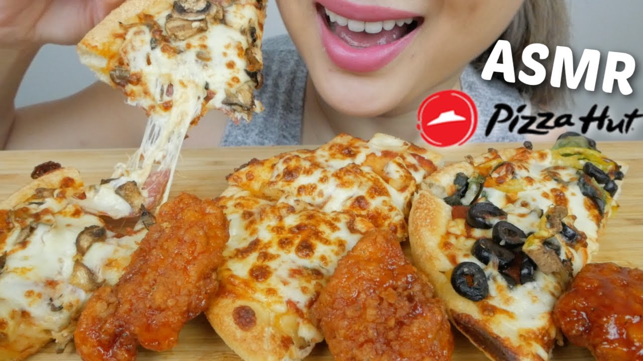 Mini Pan Pizza HUT *Hawaiian, Veggie, Bacon Mushroom withe Buffalo BITES NO TALKING ASMR Sounds