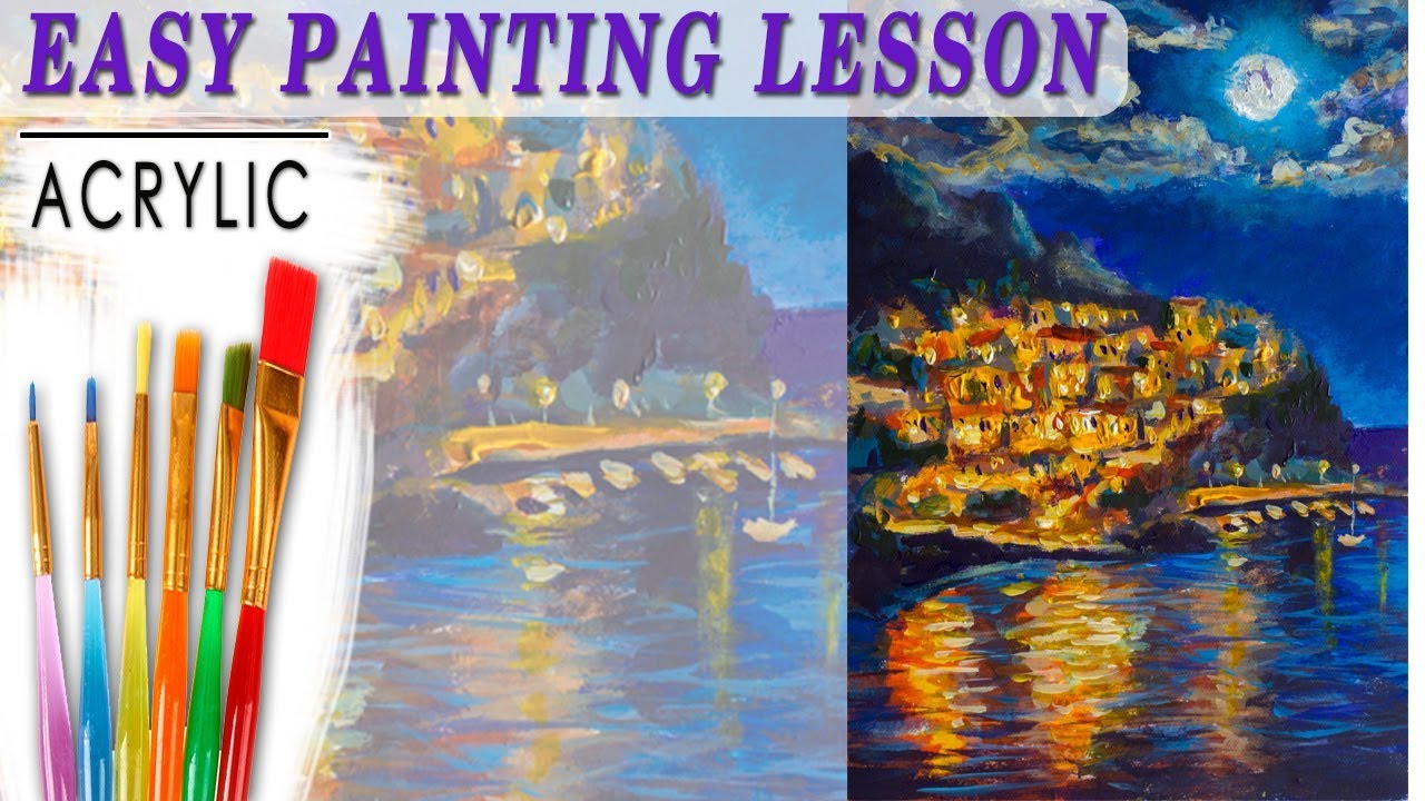 NIGHT SEASCAPE Night in Italian city Manarola. Acrylic tutorial for beginners 🎨 Demonstration