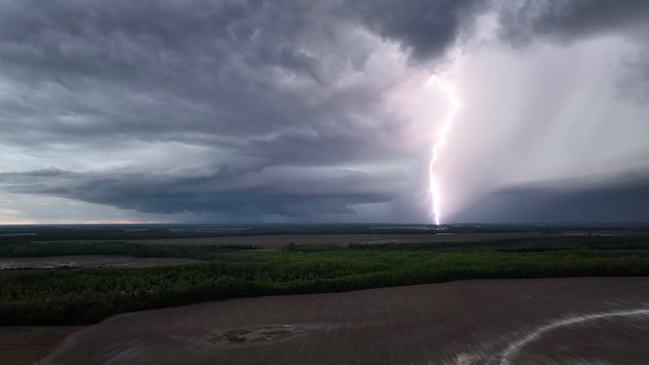 04-27-2023 Turner, AR  - Supercell Storm - Drone - Wet Microburst with Lightning Bolts! 4K