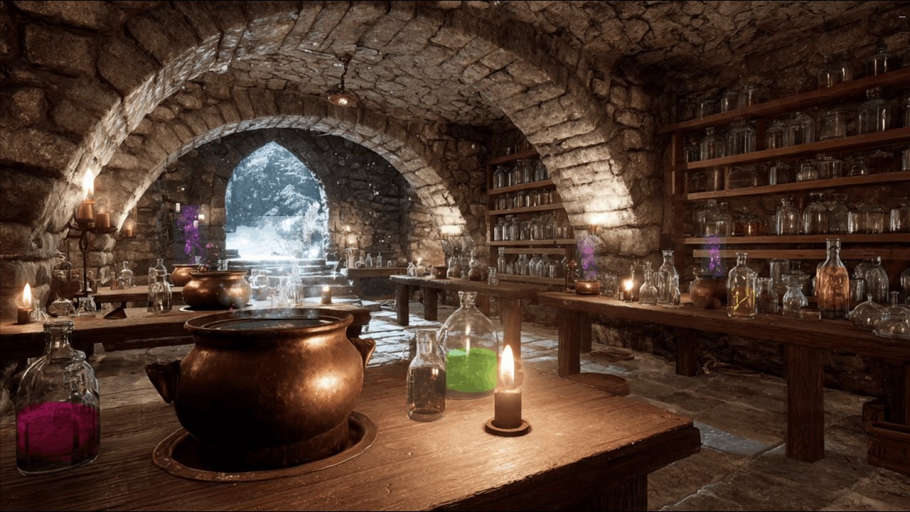 Advanced Potions Study Session — Bubbling Cauldrons, Glowing Apothecary Jars & Snowy Magic 🧪✨