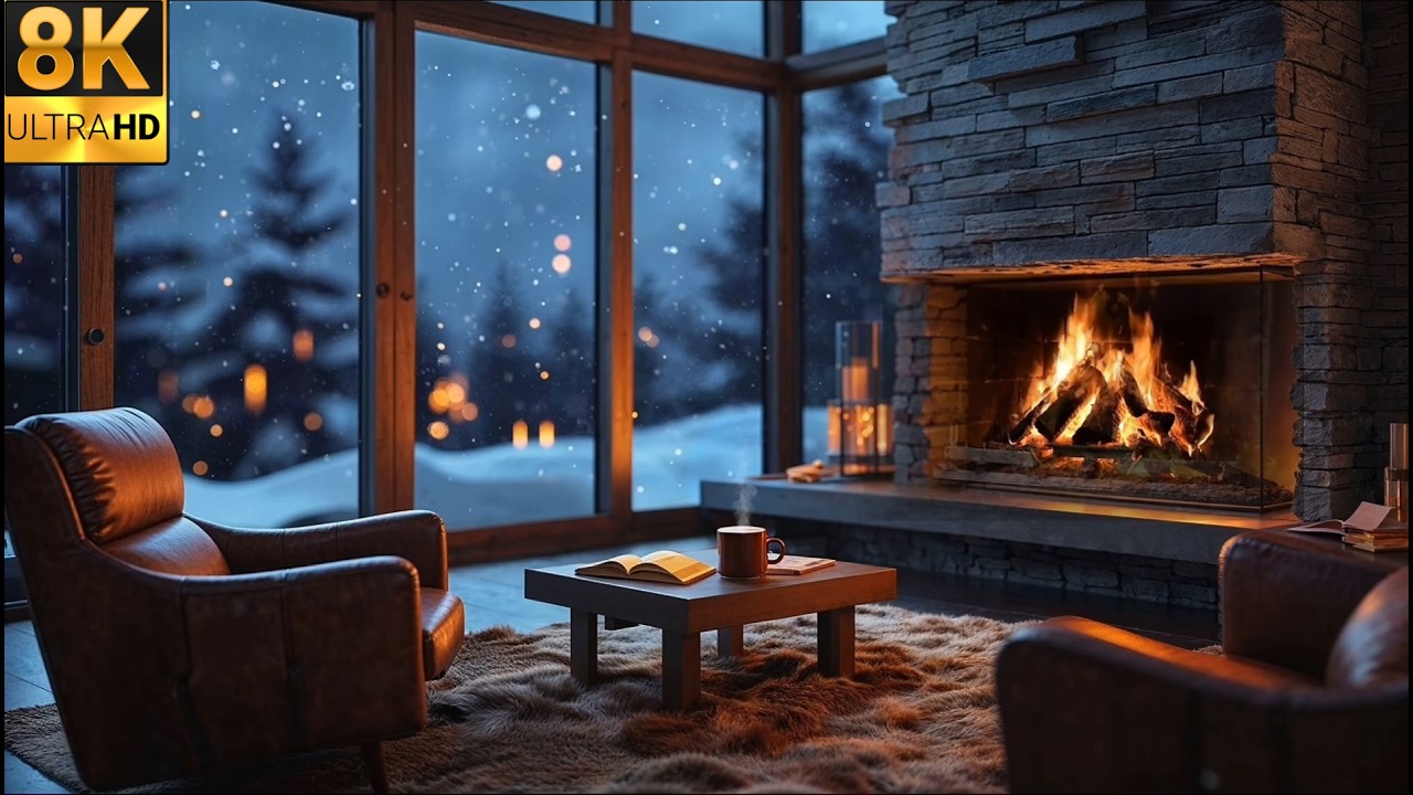 Stress Relief in a Luxury Mountain Hut - 8K Cozy Cabin Fireplace & Snow Storm and Soft Piano