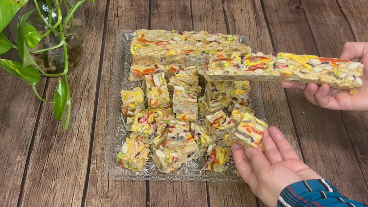 Marshmallow nougat with nuts, dried fruits and biscuits نوكه المارشميلو بالمكسرات والفواكه المجففه 