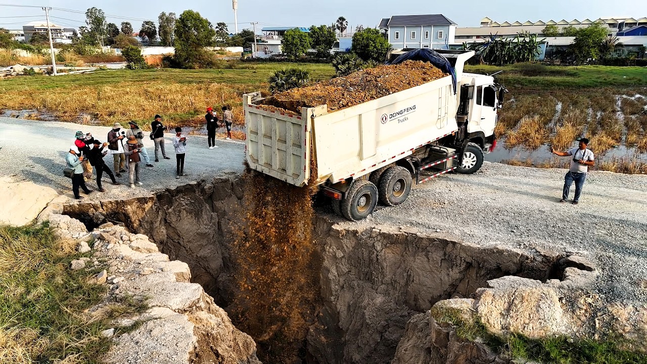 Wonderful New PROJECT! Landfill on Flooded Garbage Area Using Dozer Pushing Stone & Dump Truck