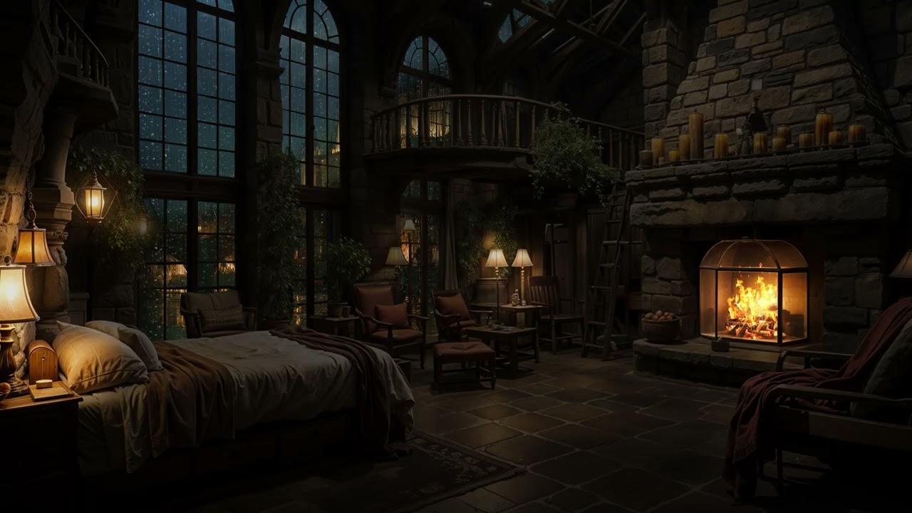 Soothing Rain Echoes in an Old Stone Castle 🏰 Warm Hearth Sounds for Restful Nights