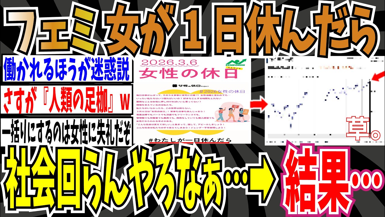 【フェミの休日】フェミ「女が1日休んで家事や仕事を放棄したら社会回らんやろなぁ、、、」➡結果wwwww【ゆっくり ツイフェミ】